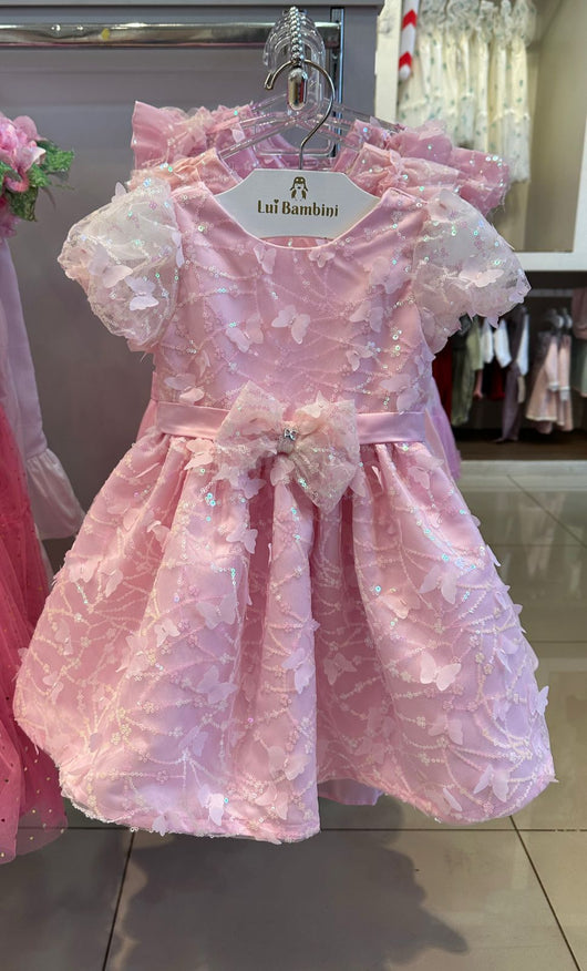 VESTIDO FESTA MANGA CURTA TULE BORBOLETAS E PAETES CINTO LACO MENINA PETIT CHERIE PRO40