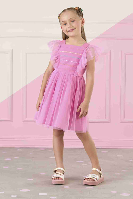 VESTIDO ALÇA COM BABADO NO TULE E AMARRAÇÃO COSTA BORDADO CORAÇÕES MENINA MON SUCRÉ