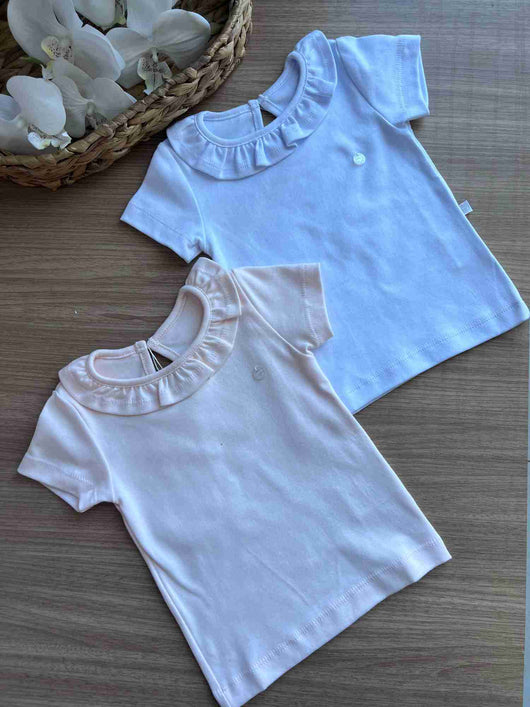 BLUSA MANGA CURTA LISA BÁSICA BORDADO GOLA BABADO MENINA GROW UP