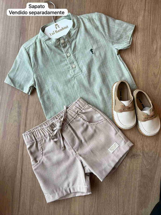 CONJUNTO CAMISA BATA MANGA CURTA E BERMUDA LINHO CORDÃO MENINO ONDA MARINHA