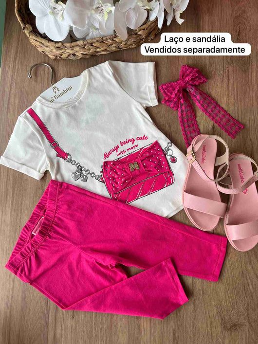 CONJUNTO BLUSA MC BOLSA LACO STRASS E CALÇA LEGGING MENINA MOMI PRO30