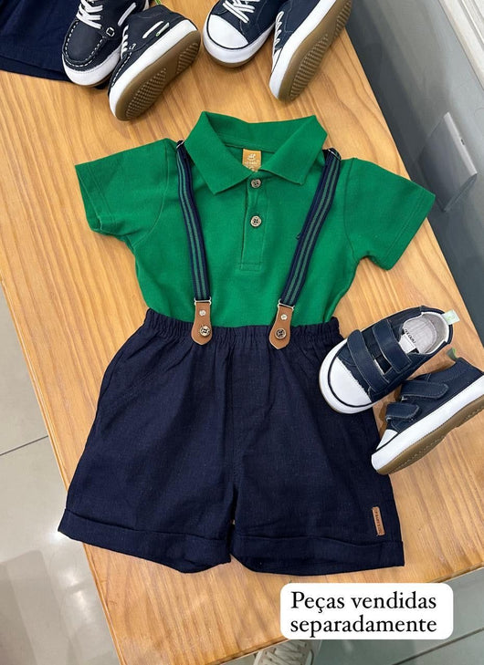 CONJUNTO BODY CAMISA MANGA CURTA PIQUET E BERMUDA SUSPENSÓRIO LISTRADO MENINO UP BABY