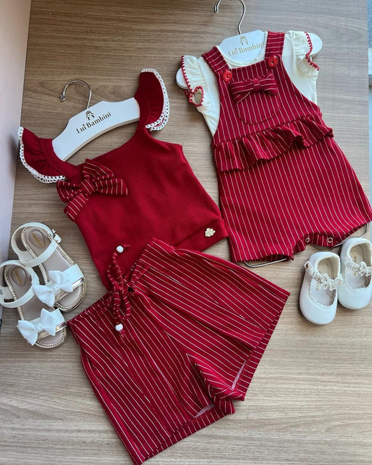 CONJUNTO BLUSA ALÇA BABADO LAÇO E SHORT LISTRADO NATAL MENINA ANGERÔ
