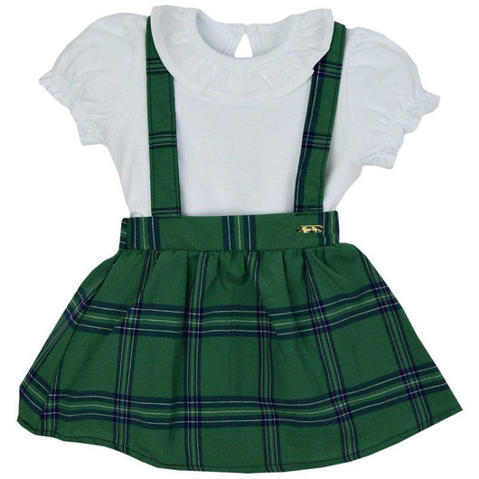 CONJUNTO BODY MANGA CURTA BABADO E SALOPETE XADREZ MENINA GROW UP PRO50