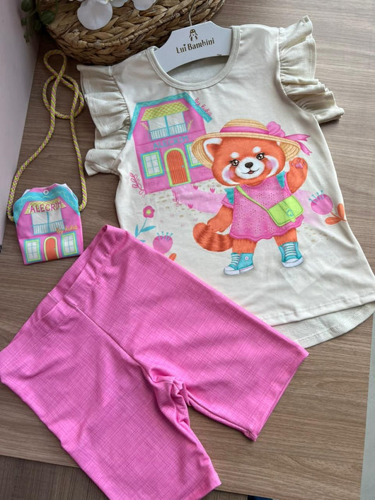 CONJUNTO BLUSA MANGA CURTA URSA CASA ALECRIM COM BOLSA E BERMUDA MENINA KUKIÊ