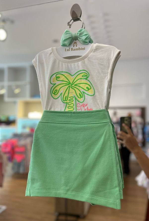 CONJUNTO BLUSA MANGA CURTA COQUEIRO COM SHORT SAIA SUMMER VIBES MENINA FAKINI