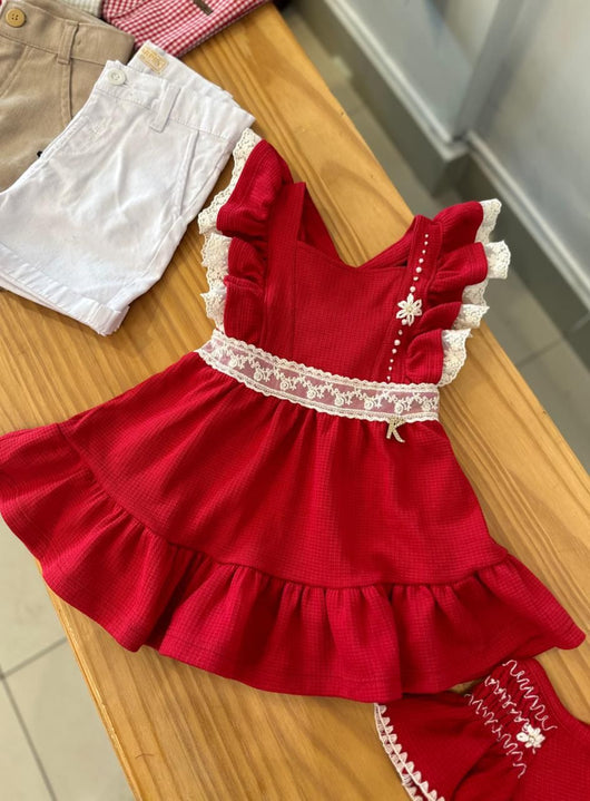 VESTIDO MANGA CURTA COM RENDAS FLOR EM TRICÔ PÉROLAS E STRASS MENINA KIKI XODO