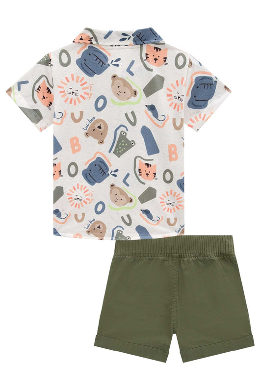 CONJUNTO CAMISA MANGA CURTA MUNDO ANIMAL COM BOTÃO E BERMUDA SARJA MENINO LUC BOO PRO35