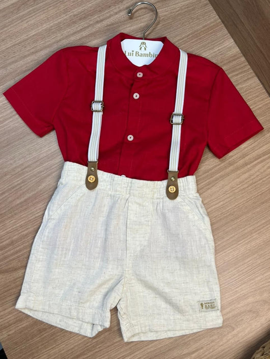 CONJUNTO CAMISA GOLA PADRE MANGA CURTA COM SUSPENSÓRIO E BERMUDA LINHO MENINO ONDA MARINHA