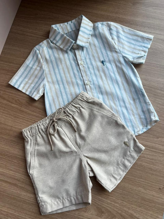 CONJUNTO CAMISA MANGA CURTA LISTRADA COM BERMUDA BOLSO E CORDÃO MENINO ONDA MARINHA