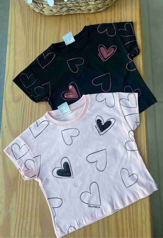 BLUSA MANGA CURTA CORAÇÕES PAETES MENINA PULLA BULLA