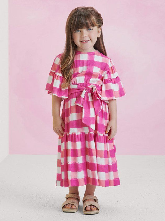 VESTIDO XADREZ QUADRICULADO MANGA CURTA EVASE EM VISCOSE COM CINTO LACO MENINA ANIME PRO50