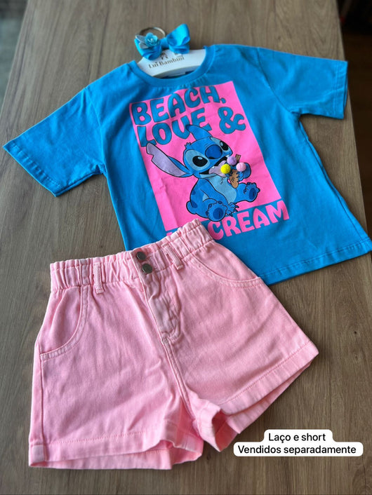 BLUSA MANGA CURTA STITCH SORVETE COM POMPOM MENINA FAKINI