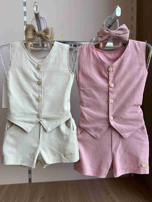 CONJUNTO COLETE REGATA BOTÕES BÁSICO E SHORT BOLSO MENINA COLORITTA