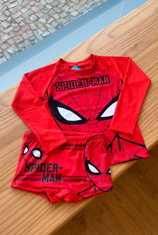 CONJUNTO CAMISETA MANGA LONGA E SUNGA BOXER MÁSCARA HOMEM ARANHA UV50+ MENINO FAKINI