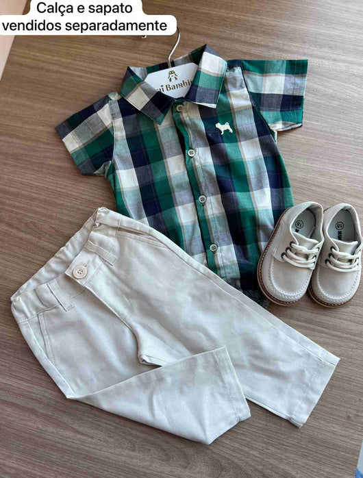 BODY CAMISA MANGA CURTA XADREZ QUADRICULADO TRICOLINE COM BOTÕES BORDADO MENINO CHARPEY
