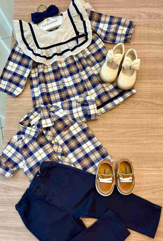 VESTIDO MANGA LONGA XADREZ QUADRICULADO GOLA MARINHEIRO LAÇO MENINA BARBARA KIDS