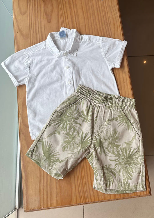 CONJUNTO CAMISA MANGA CURTA LISA COM BOTÕES E BERMUDA FOLHAGEM BOLSO MENINO PULLA BULLA PRO35