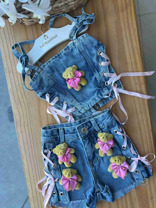 Conjunto Cropped Alça Ted Urso Pelucia Fita Amarração E Short Menina Lui Bambini