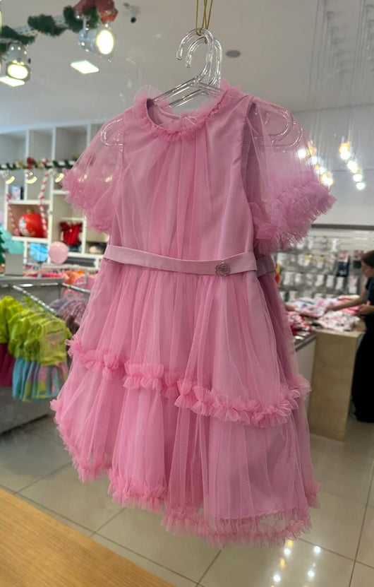 VESTIDO MANGA CURTA COM BABADOS E CINTO FIXO MENINA MON SUCRE