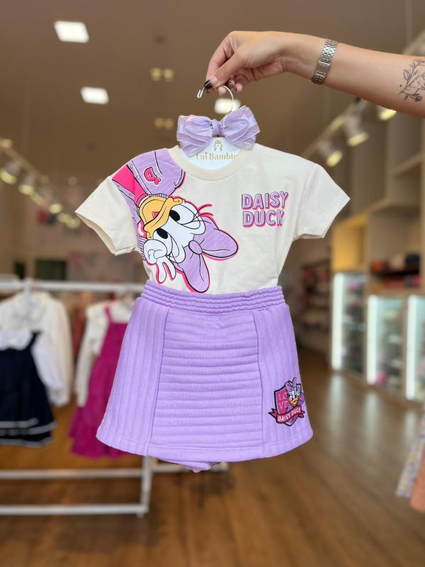 CONJUNTO BLUSA MANGA CURTA E SHORT SAIA MOLETINHO DAISY DUCK MENINA MOMI