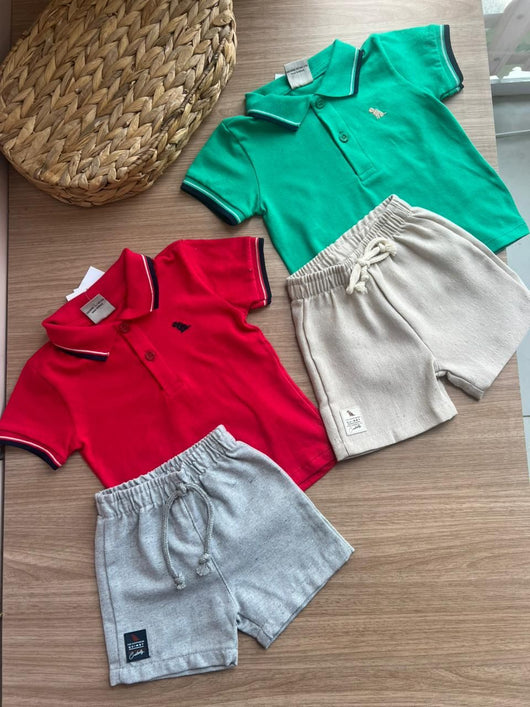 CONJUNTO CAMISA MANGA CURTA POLO PIQUET MINIMALISTA CACHORRO E BERMUDA MENINO QUIMBY