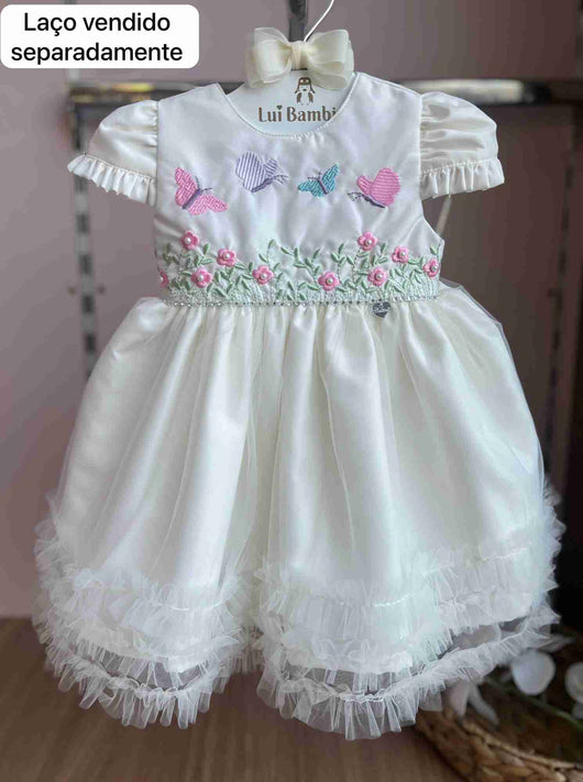 VESTIDO MANGA CURTA JARDIM BORBOLETAS BORDADO FLORES PÉROLAS STRASS TULE LAÇO COSTA MENINA CATTAI