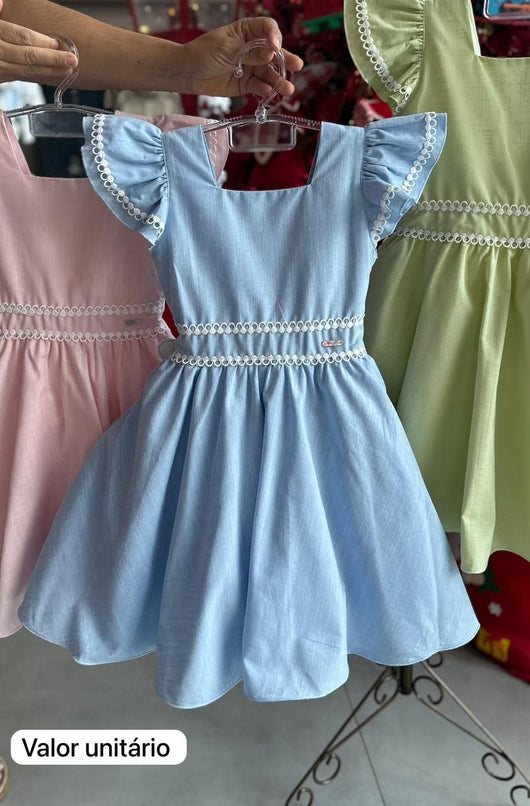 VESTIDO MANGA CURTA RENDA FLAME ABAS AMARRAÇÃO MENINA MON BELL
