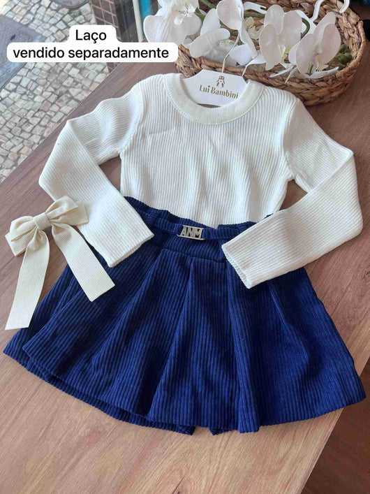 CONJUNTO MANGA LONGA TRICOT CANELADO E SHORT SAIA VELUDO MENINA ANIMÊ