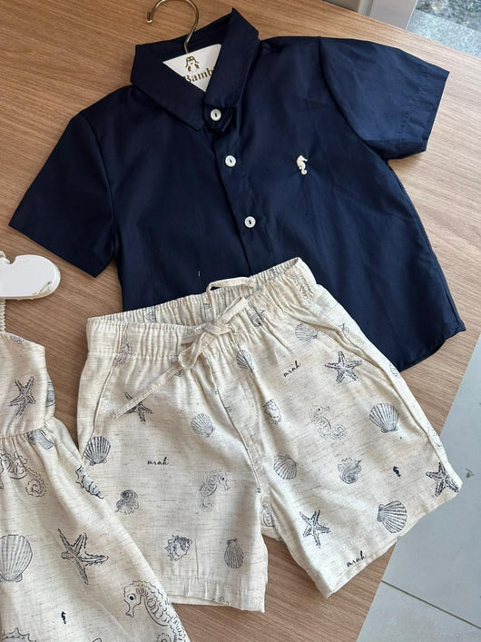 CONJUNTO CAMISA MANGA CURTA COM BERMUDA ESTAMPADA MENINO ONDA MARINHA