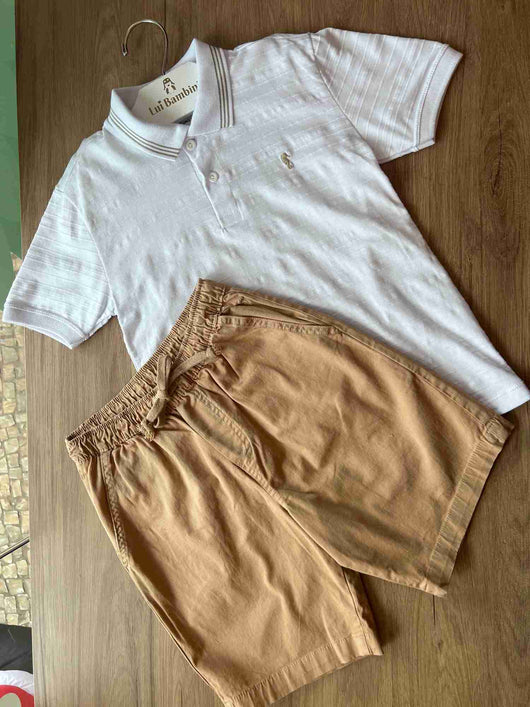 CONJUNTO POLO MANGA CURTA MEIA MALHA BERMUDA SARJA MENINO ONDA MARINHA