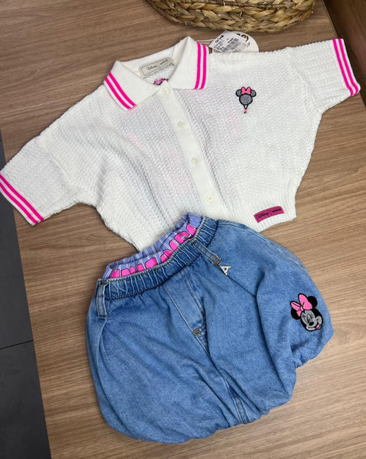 CONJUNTO BLUSA MANGA CURTA TRICO BOTÕES PATCH MINNIE E SAIA PINGENTE MENINA ANIMÊ