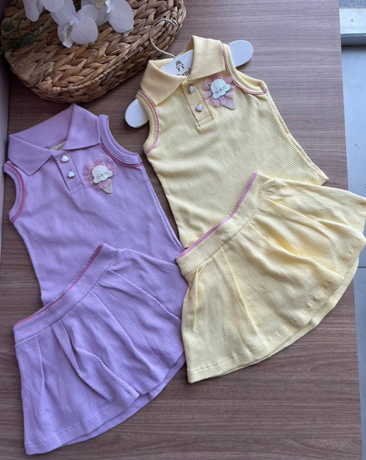 CONJUNTO BLUSA REGATA BUBLEE GATO SORVETE TULE E SAIA MENINA ANNGERO