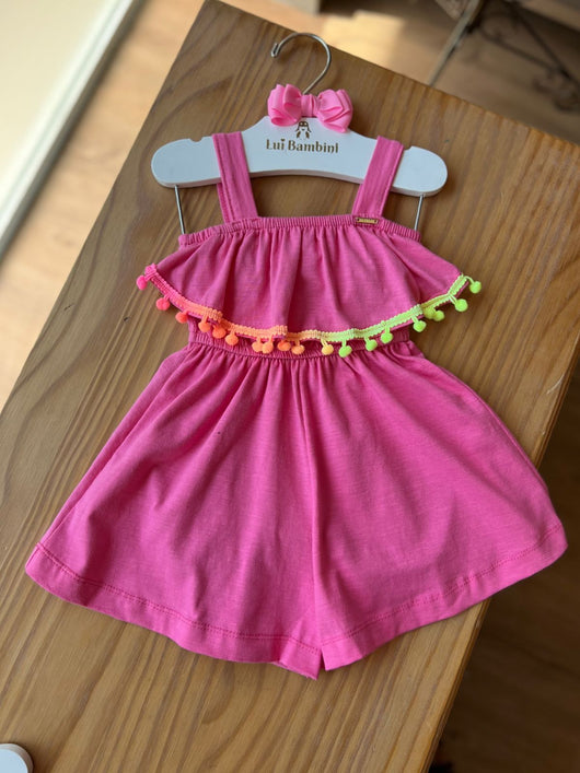 MACACÃO DE ALÇAS POMPOM E BABADOS MENINA FAKINI