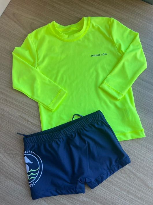 CONJUNTO CAMISETA MANGA LONGA MRNH BASICA E SUNGA PROTEÇÃO UV50+ MENINO ONDA MARINHA