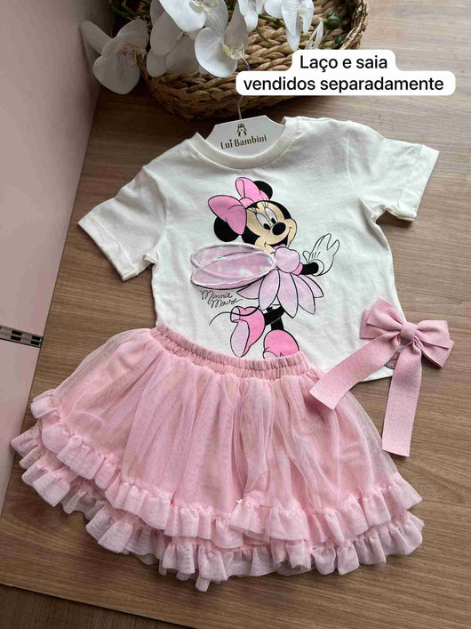 BLUSA MANGA CURTA MINNIE MOUSE ASAS SUSPENSA GLITTER MENINA ANIME