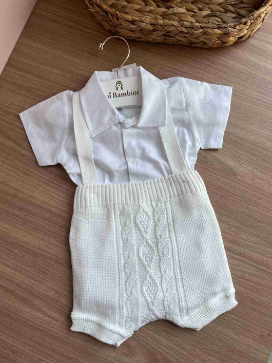 CONJUNTO BODY MANGA CURTA E JARDINEIRA ALÇA TRICOT MENINO ANJOS BABY