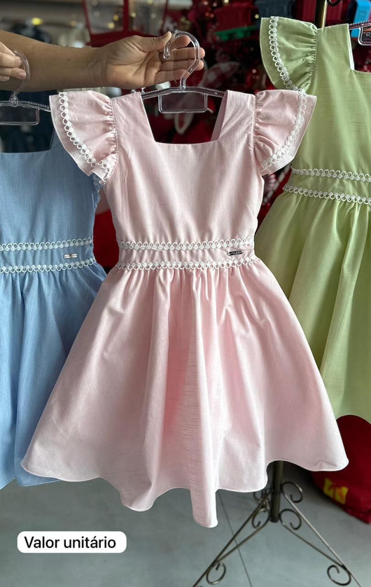 VESTIDO MANGA CURTA RENDA FLAME ABAS AMARRAÇÃO MENINA MON BELL