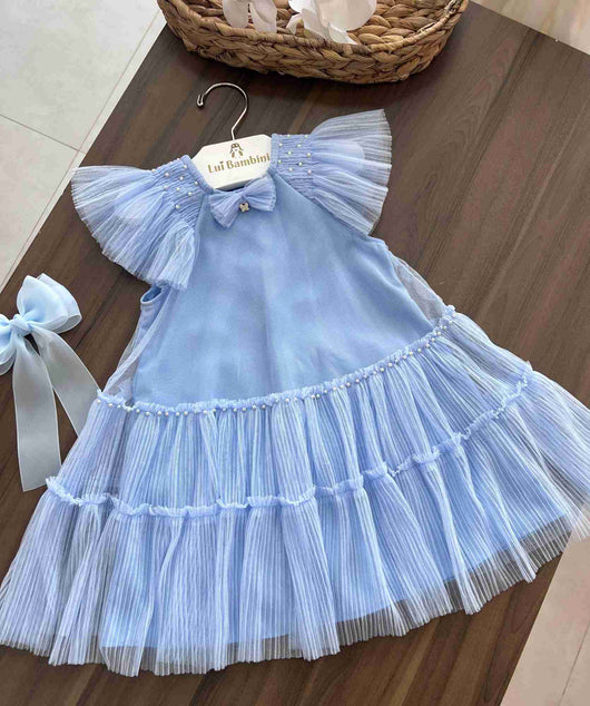 VESTIDO MANGA CURTA TULE PÉROLAS LAÇO MENINA PETIT CHERIE