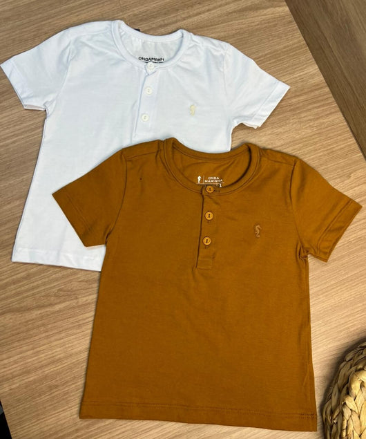 CAMISETA MANGA CURTA BATA FINA BOTÕES CAVALO MARINHO MINIMALISTA MENINO ONDA MARINHA