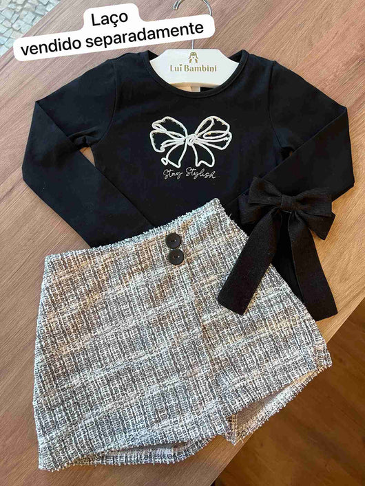 CONJUNTO MANGA LONGA LAÇO TWEED E SHORT SAIA MENINA PULLA BULLA