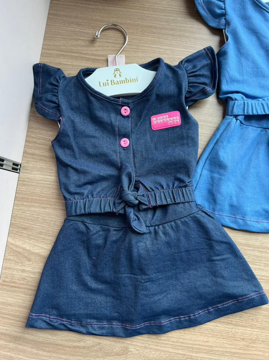 CONJUNTO BLUSA MANGA CURTA BABADO PATCH BOTÕES E SHORT SAIA MENINA HRRADINHOS