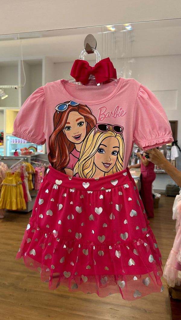 CONJUNTO BLUSA MANGA CURTA BARBIE E SAIA TULE CORAÇÕES MENINA FAKINI