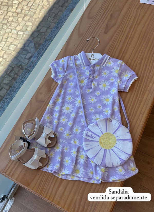 VESTIDO MANGA CURTA GOLA BABADOS EM RIBANA E BOLSA FLORAL COM STRASS MENINA KUKIE