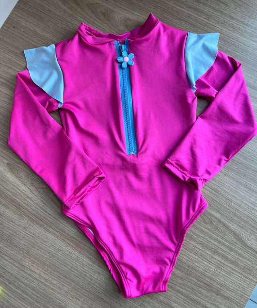 MAIÔ MANGA LONGA ZÍPER FLOR BABADO PROTEÇÃO UV50+ MENINA LUI BAMBINI