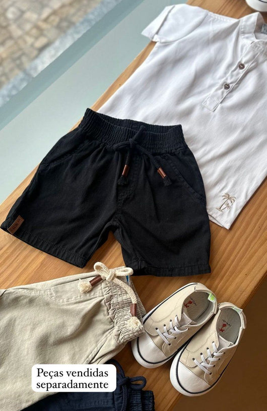 BERMUDA EM SARJA 3 BOLSOS COM CORDÃO PONTA COURO MENINO FAKINI
