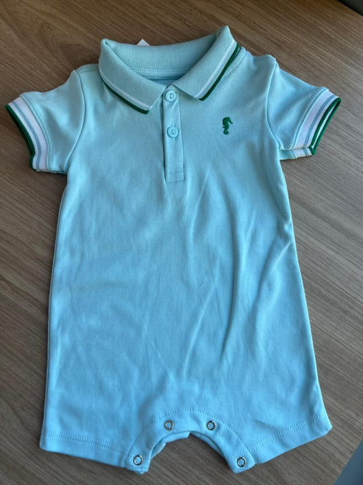 MACACÃO MACAQUINHO MANGA CURTA GOLA POLO SUEDINE LISTRAS MENINO ONDA MARINHA