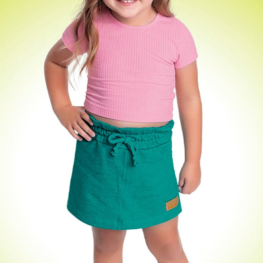 CONJUNTO BLUSA MANGA CURTA CANELADA AMARRACAO E SHORT SAIA MENINA FAKINI PRO40
