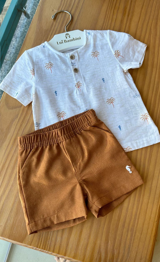 CONJUNTO CAMISA BATA MANGA CURTA LINHO E BERMUDA ONDAS E COQUEIROS MENINO ONDA MARINHA PRO40