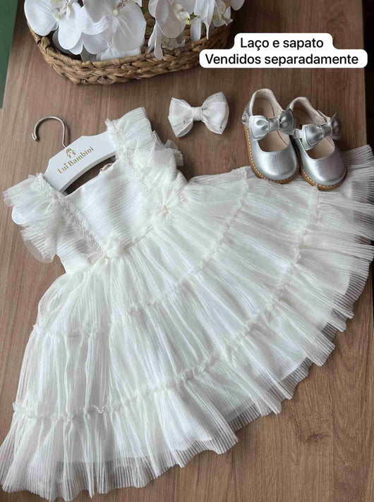 VESTIDO MANGA CURTA TULE BABADOS COM LAÇOS E PÉROLAS MENINA PETIT CHERIE